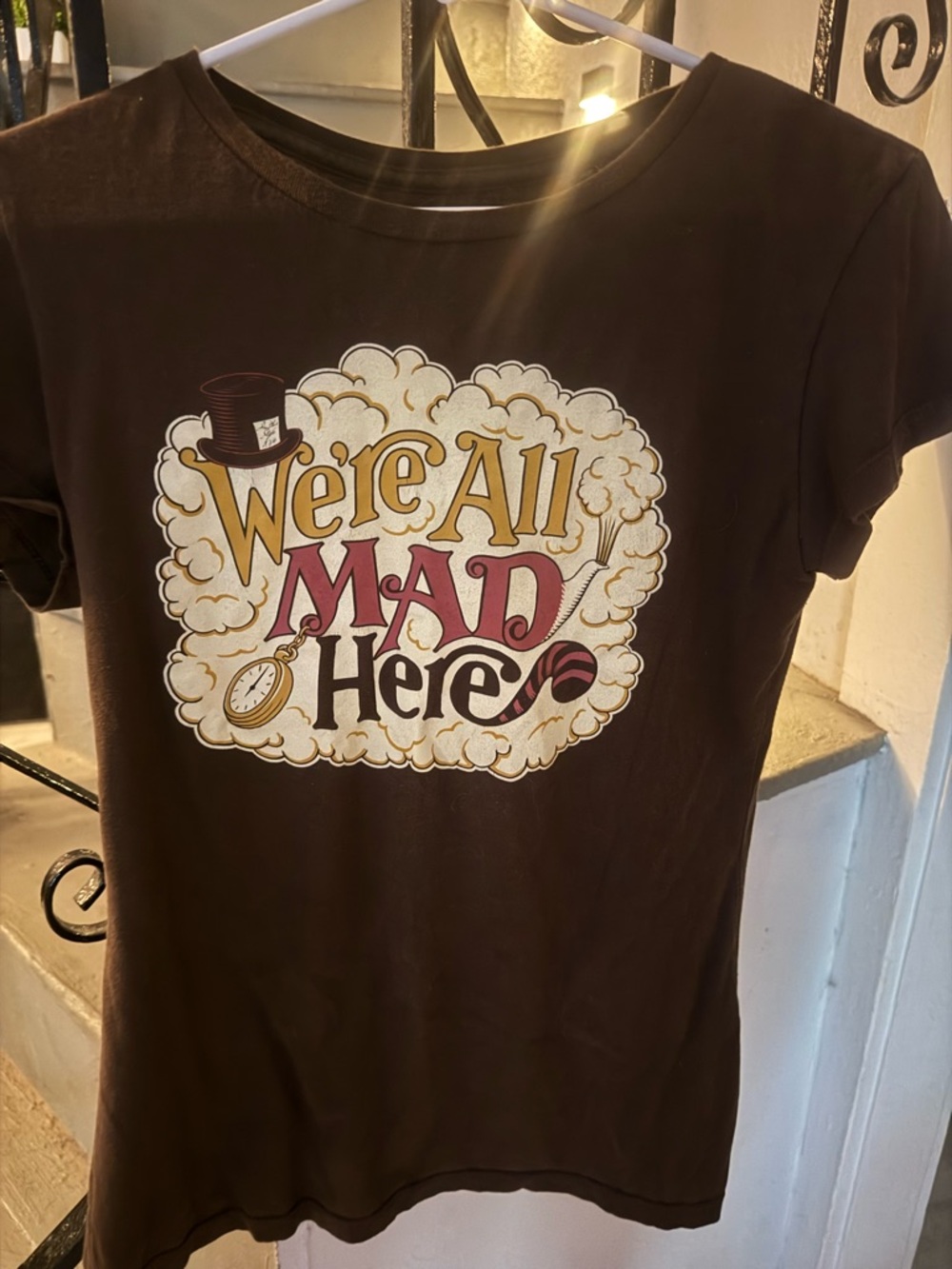 Women's Brown 'We're All Mad Here' Graphic Long Sleeve Tee